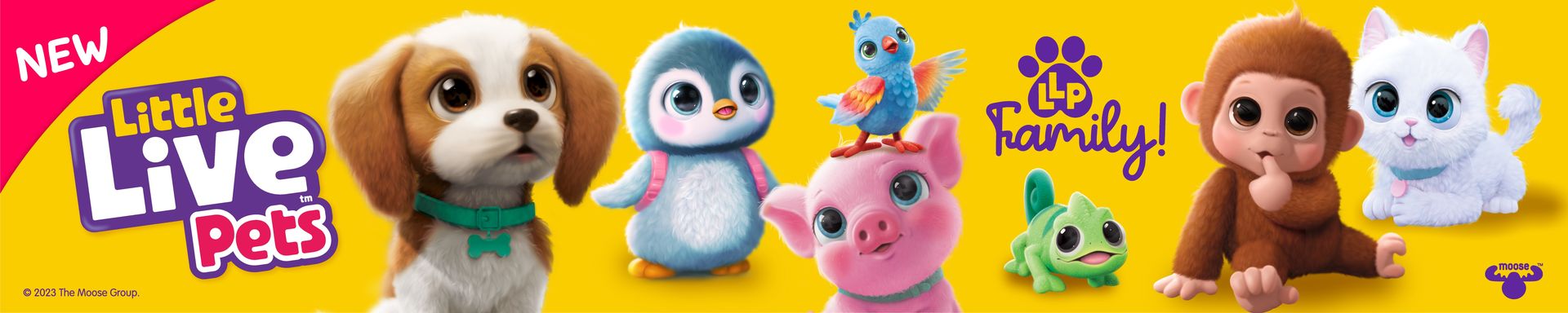 Little Live Pets family: puppy, penguin, pig, bird, chameleon, monkey and kitten